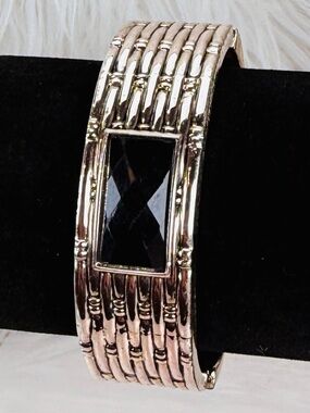 Textured Silvertone Bangle Bracelet with Black Accent